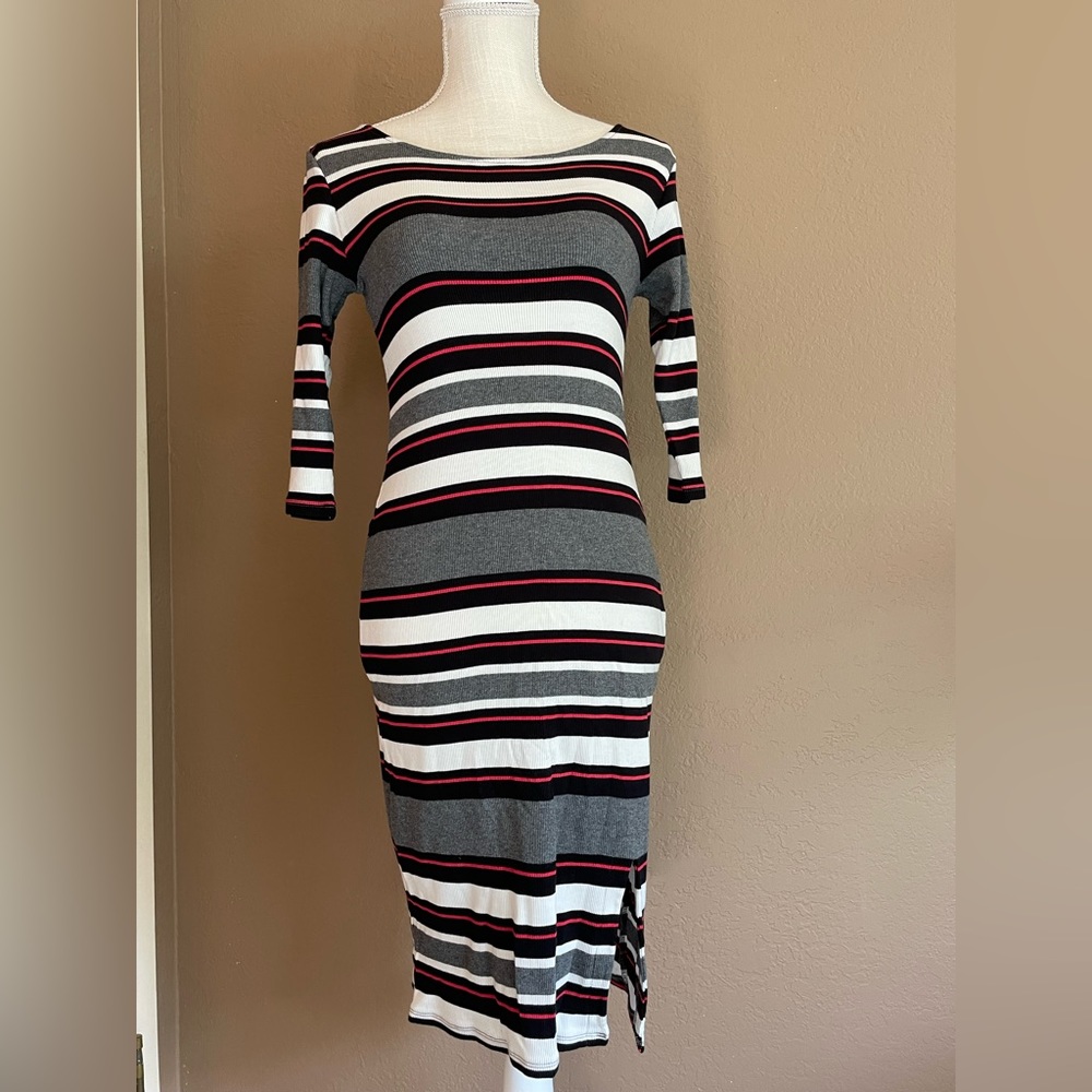 Lightweight, Gray, Black, Pink, White, soft striped dress.